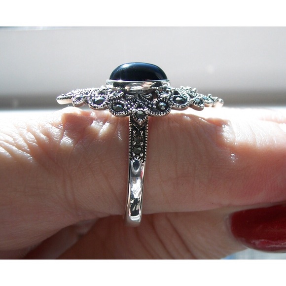925 STERLING SILVER Black Onyx Marcasite Ring - Picture 6 of 15